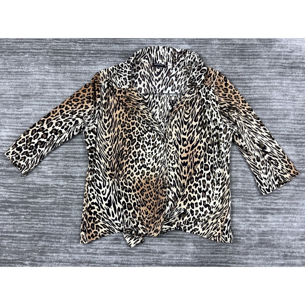 Unique Spectrum Blouse Womens 2X Tan Leopard Animal Print Tie Front 3/4 Sleeve